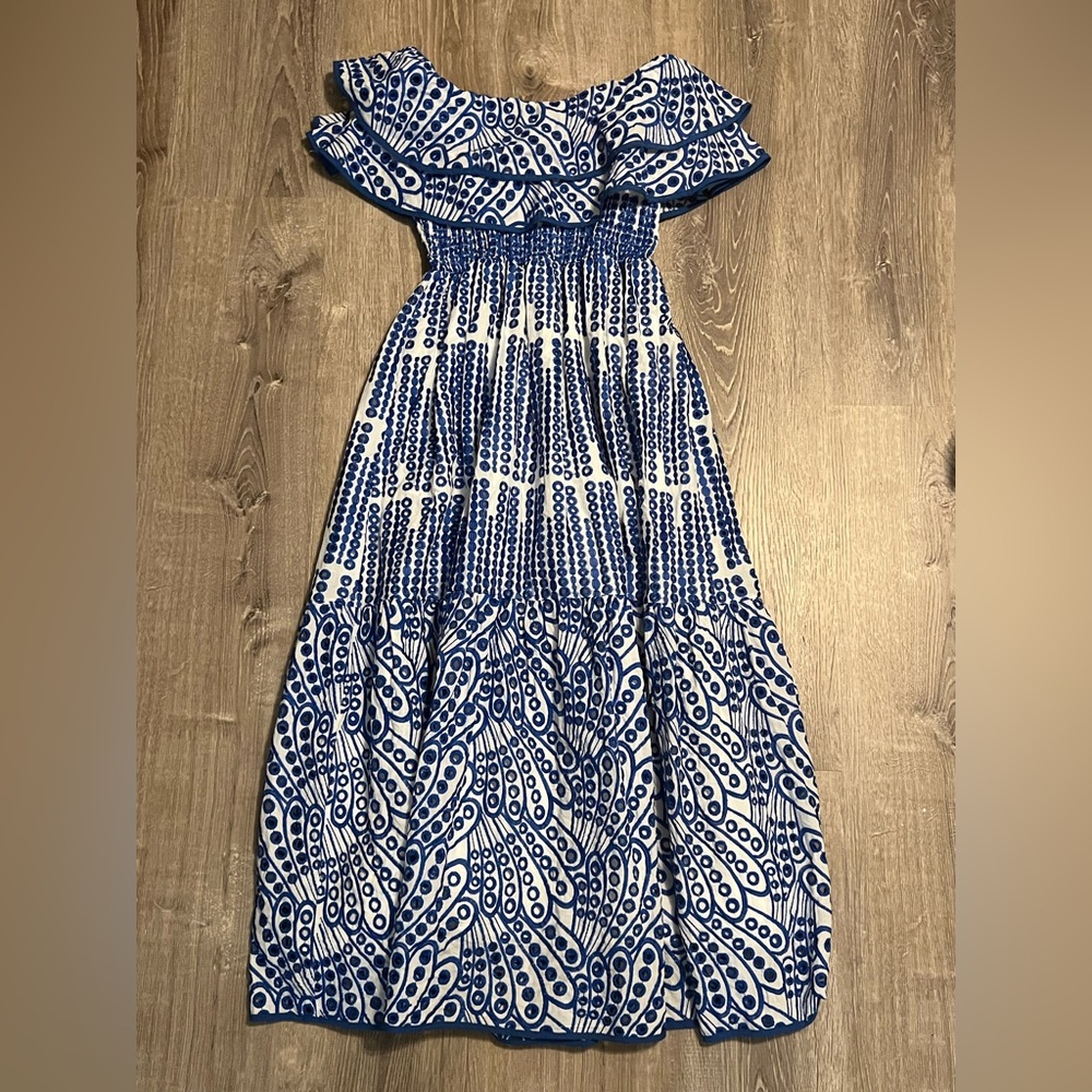 AKIRA Blue and White Eyelet Lace Cotton Strapless Dress Maternity